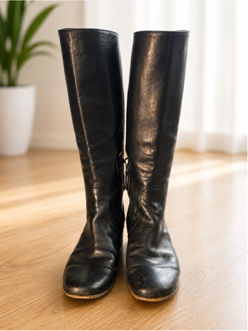 Prada Vintage 90s Black Leather Riding Boots Tall Minimalist EU 36.5